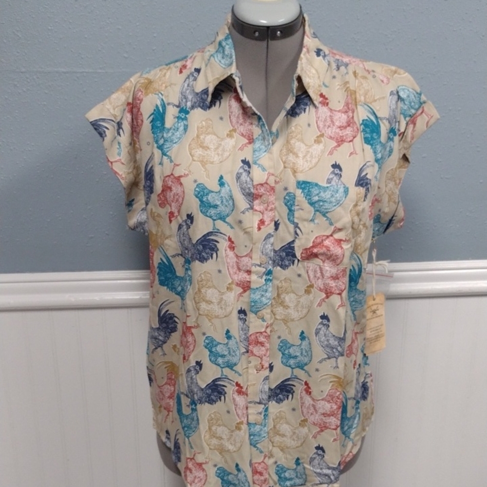 NEW Cotton & Rye Women's Multicolor Rooster Print Blouse, Farm. 100%Rayon.